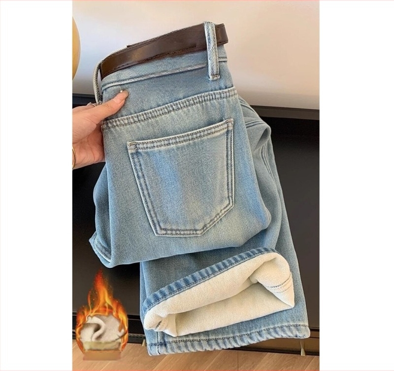 Női denim farmer, magas derékkal, egyenes szabású, fleece-béléssel, téli viselet