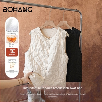 Női pehelymellény, V-nyakú, rombusz mintázat, rövid fazon 40–50 cm, külső anyaga poliészter, töltet 100% selyem