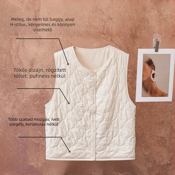 Női pehelymellény, V-nyakú, rombusz mintázat, rövid fazon 40–50 cm, külső anyaga poliészter, töltet 100% selyem