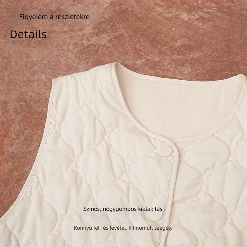 Női pehelymellény, V-nyakú, rombusz mintázat, rövid fazon 40–50 cm, külső anyaga poliészter, töltet 100% selyem