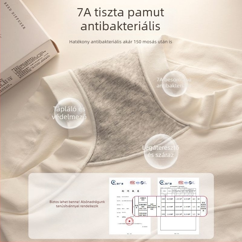 Női pamut alsónemű magas derekú, antibakteriális és lélegző; fő anyag 95–100% pamut; ágyéki rész 100% pamut; kötött