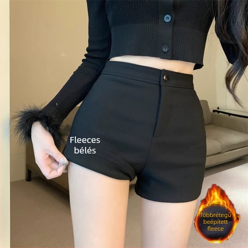 Női fleece-béléssel ellátott vastag, magas derekú, rugalmas rövidnadrág, A-vonalú szabás, 3/4 hossz, poliészter 80–90%