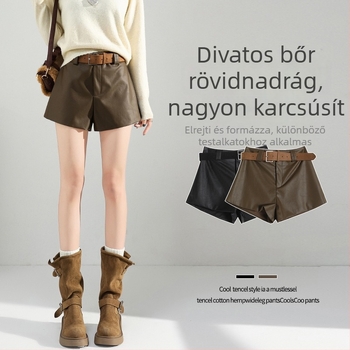 Női PU bőr nadrá g, magas derék, 3/4 hossz, A-vonalú, széles lábszár, casual