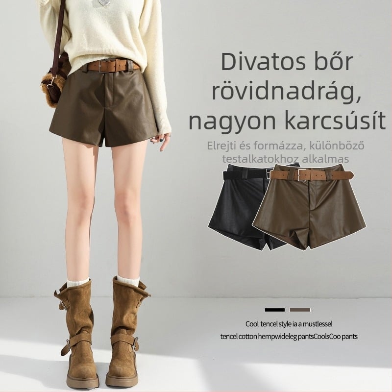 Női PU bőr nadrá g, magas derék, 3/4 hossz, A-vonalú, széles lábszár, casual