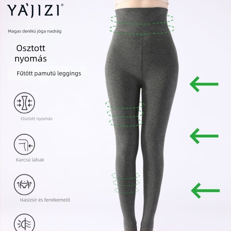 Magas derekú pamut egyrészes leggings fleece béléssel, egyszínű, fenékemelő hatás, anti-súrlódás, vastag, japán stílus