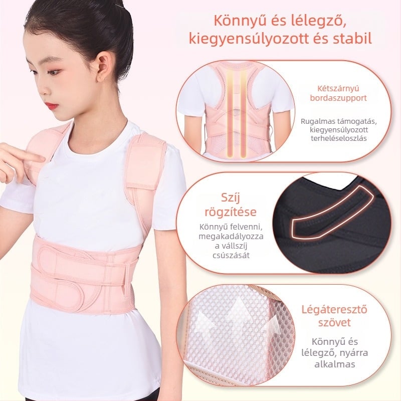 Gyermekek és tinédzserek testtartás-korrektorja — lélegző háti támasz a görnyedt hát és az ülő testtartás javítására