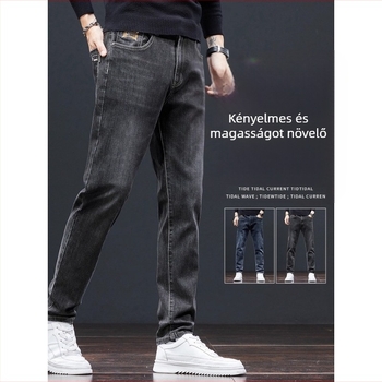 Férfi egyenes szárú farmer, magas derékrész, zsinóros záródás, könnyű denim, 65% poliészter