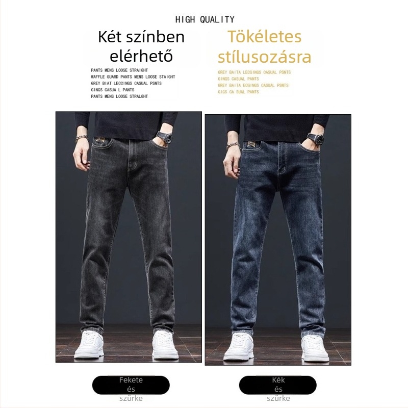 Férfi egyenes szárú farmer, magas derékrész, zsinóros záródás, könnyű denim, 65% poliészter