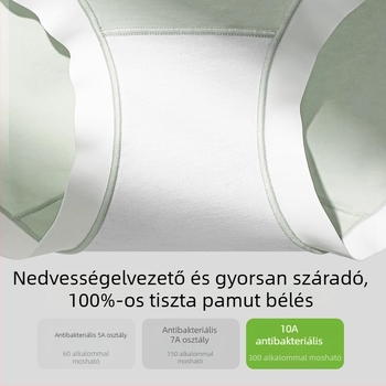 Női pamut középmagasságú alsónemű, antibakteriális és lélegző; fő anyag 80–90% pamut; ágyéktáj 100% pamut