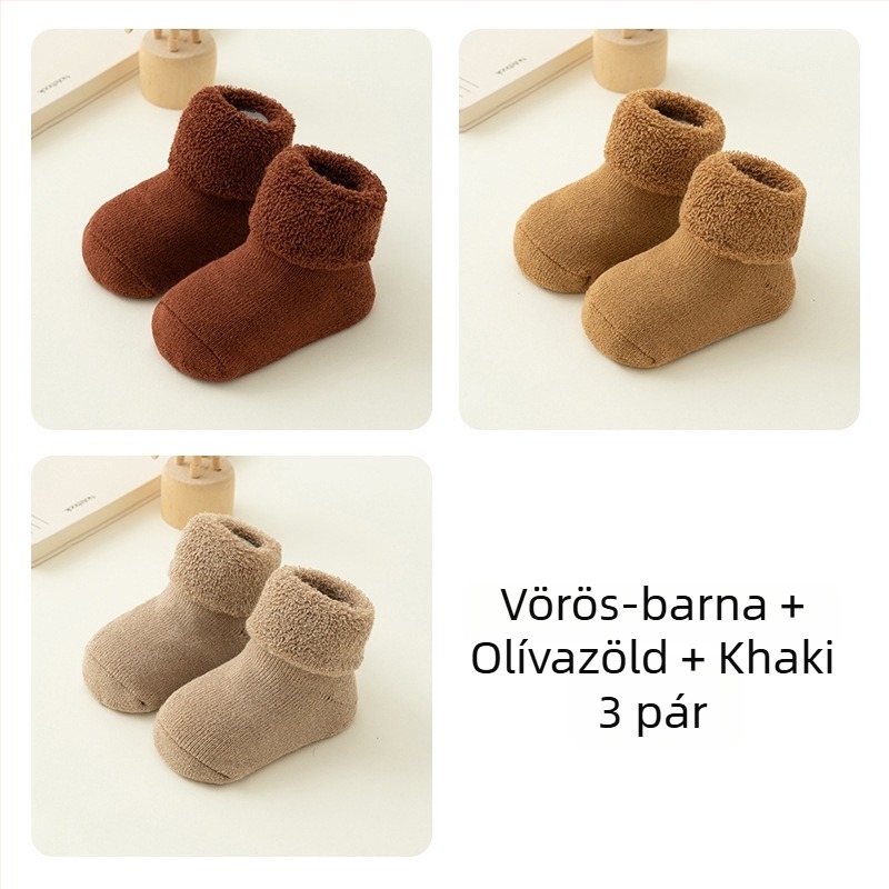 Újszülött babáknak való vastag, bolyhos pamut zokni, uniszex, a lábszár középig érő, légáteresztő, nedvességelvezető, szagtalanító, egyszínű