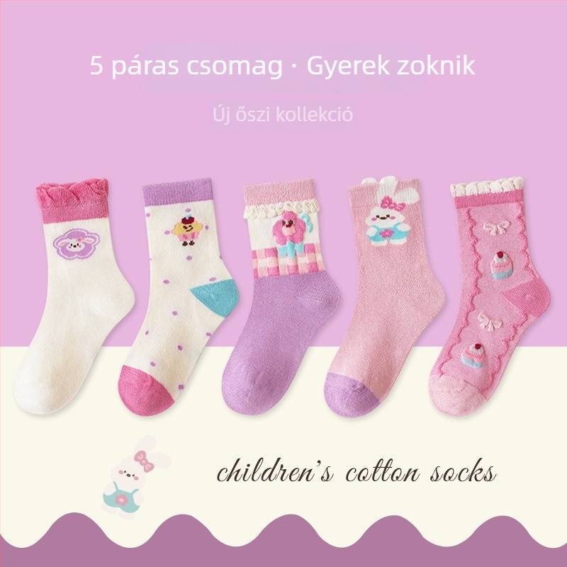 Gyerekeknek szóló varratmentes zoknik középmagas hosszúságú, pamut Jacquard, légáteresztő és nedvességfelszívó, 5 pár csomag