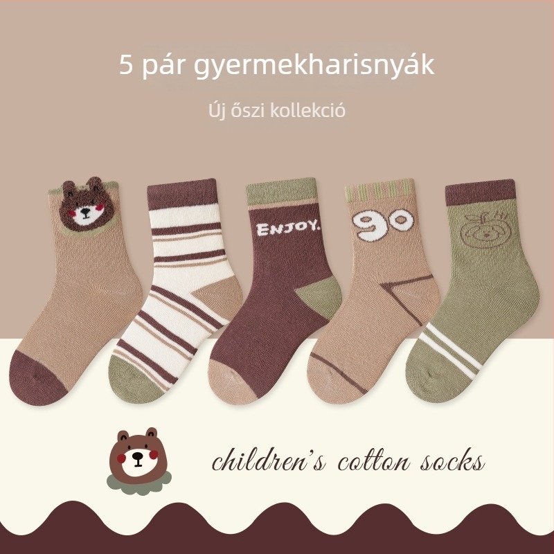 Gyerekeknek szóló varratmentes zoknik középmagas hosszúságú, pamut Jacquard, légáteresztő és nedvességfelszívó, 5 pár csomag