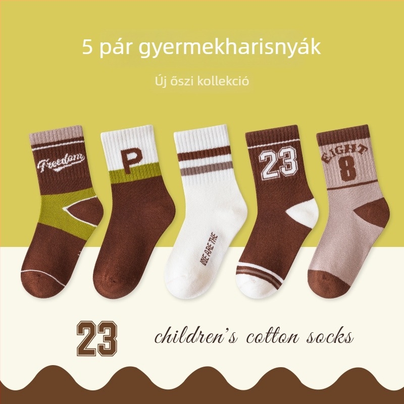 Gyerekeknek szóló varratmentes zoknik középmagas hosszúságú, pamut Jacquard, légáteresztő és nedvességfelszívó, 5 pár csomag