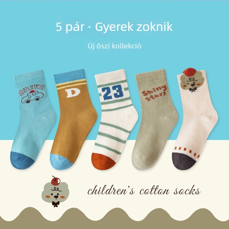 Gyerekeknek szóló varratmentes zoknik középmagas hosszúságú, pamut Jacquard, légáteresztő és nedvességfelszívó, 5 pár csomag