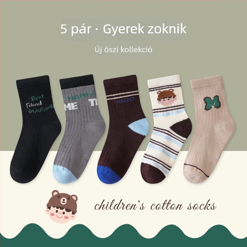 Gyerekeknek szóló varratmentes zoknik középmagas hosszúságú, pamut Jacquard, légáteresztő és nedvességfelszívó, 5 pár csomag