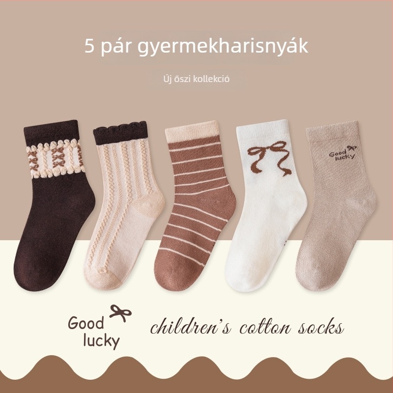 Gyerekeknek szóló varratmentes zoknik középmagas hosszúságú, pamut Jacquard, légáteresztő és nedvességfelszívó, 5 pár csomag