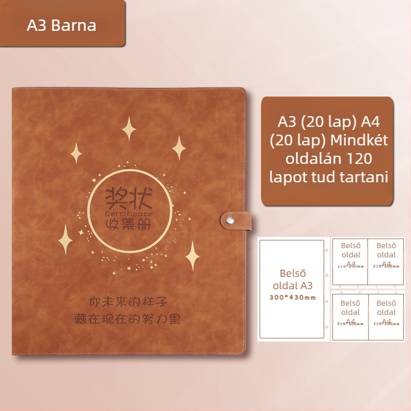 Bőrborítású bizonyítványgyűjtemény könyv, Avinar modell 05, 120 oldal, testreszabható, vastagság 4