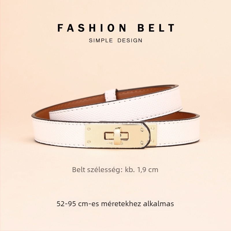 Női ruházati öv bőrből – dekoratív deréköv, szélesség 2–4 cm, ötvözet csat, gombos zárás