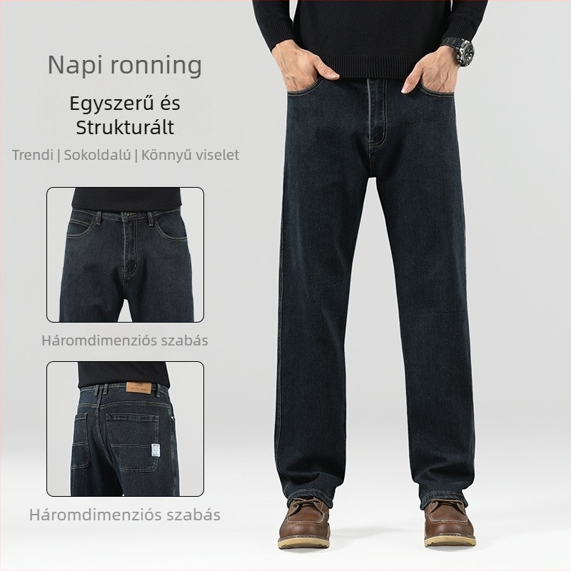 Férfi egyenes szárú farmernadrág mindennapi viseletre, középmagas derék, cipzáras záródás, pamut‑poleszter‑viszkóz‑elasztán keverék, négy évszakban viselhető