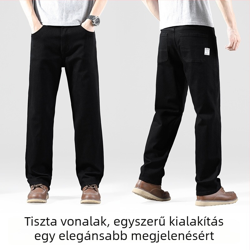 Férfi egyenes szárú farmernadrág mindennapi viseletre, középmagas derék, cipzáras záródás, pamut‑poleszter‑viszkóz‑elasztán keverék, négy évszakban viselhető