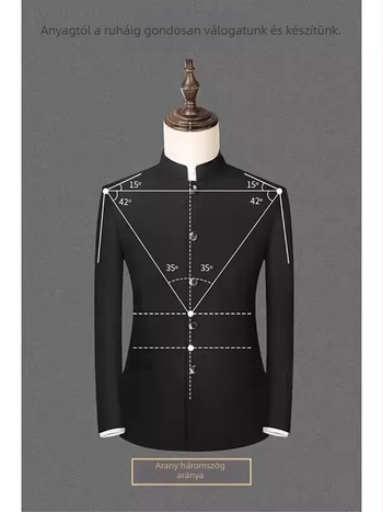 Férfi vállpárnás zakó álló gallérral, laza szabás, poliészter, 3 patch zseb, tavasz-ősz