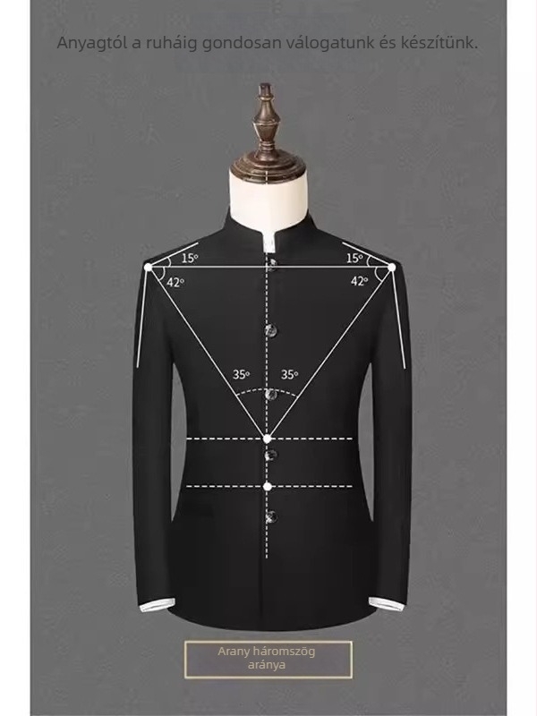 Férfi vállpárnás zakó álló gallérral, laza szabás, poliészter, 3 patch zseb, tavasz-ősz