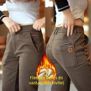Férfi casual egyenes nadrág, fleece-béléssel, pamut-poliészter keverékből, középmagas derekú, elülső gombos zárás