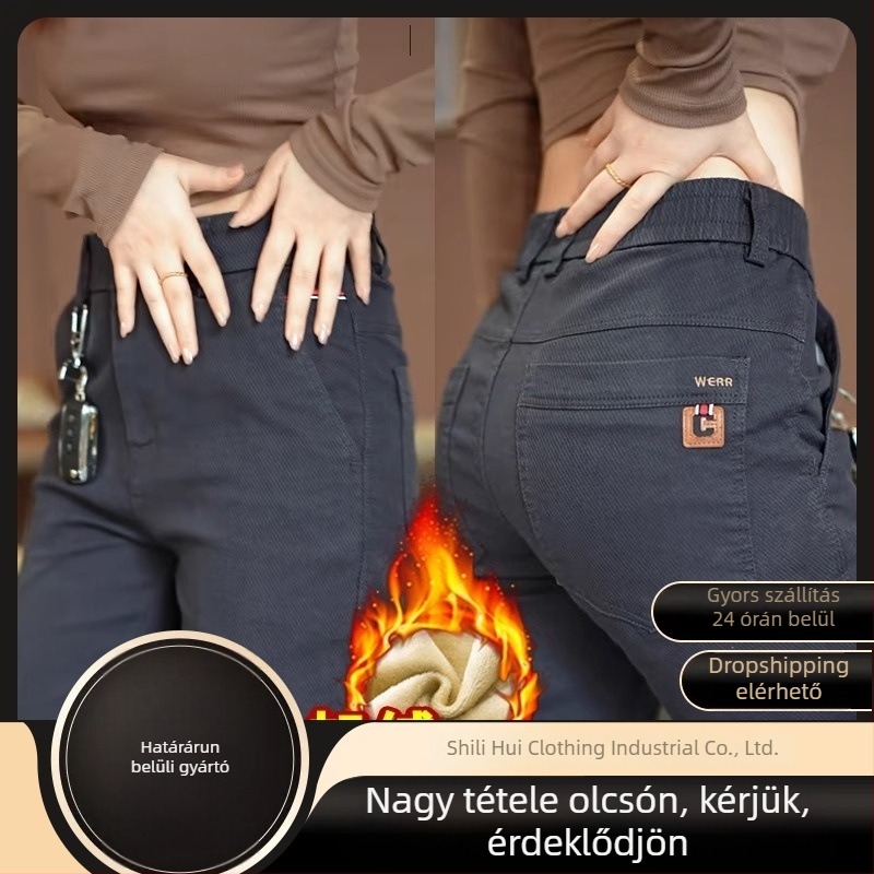 Férfi casual egyenes nadrág, fleece-béléssel, pamut-poliészter keverékből, középmagas derekú, elülső gombos zárás