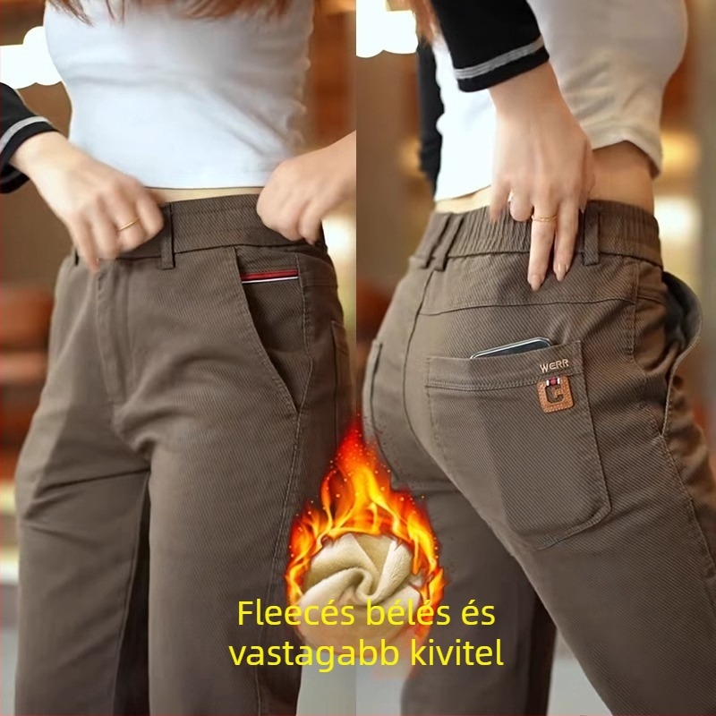 Férfi casual egyenes nadrág, fleece-béléssel, pamut-poliészter keverékből, középmagas derekú, elülső gombos zárás