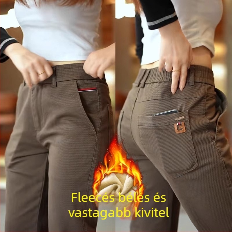 Férfi casual egyenes nadrág, fleece-béléssel, pamut-poliészter keverékből, középmagas derekú, elülső gombos zárás