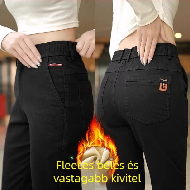 Férfi casual egyenes nadrág, fleece-béléssel, pamut-poliészter keverékből, középmagas derekú, elülső gombos zárás
