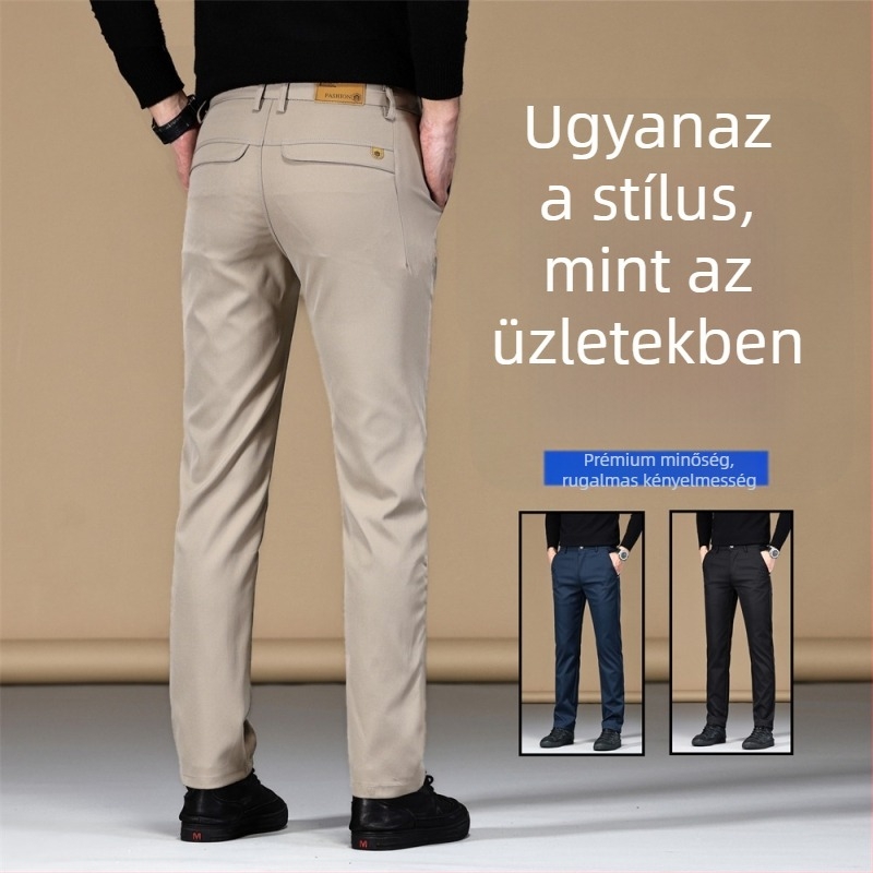 Férfi üzleti casual nadrág, mikroelasztikus poliészter, cipzáras zárás, középmagas derék, egyenes szabás