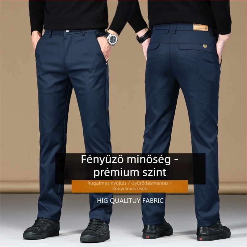 Férfi üzleti casual nadrág, mikroelasztikus poliészter, cipzáras zárás, középmagas derék, egyenes szabás