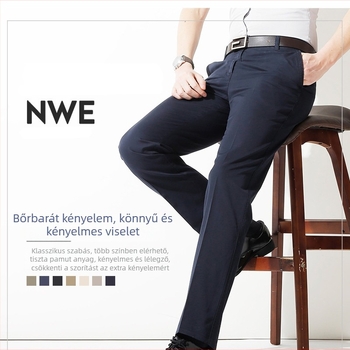 Férfi nyári vékony pamut casual nadrág, magas derék, egyenes szabás, teljes hossz, könnyű anyag