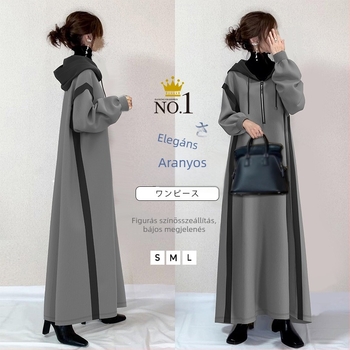 Kapucnis pulóverruha, midi hosszú, pamut-keverék anyag, blokkolt dizájn, utcai stílus