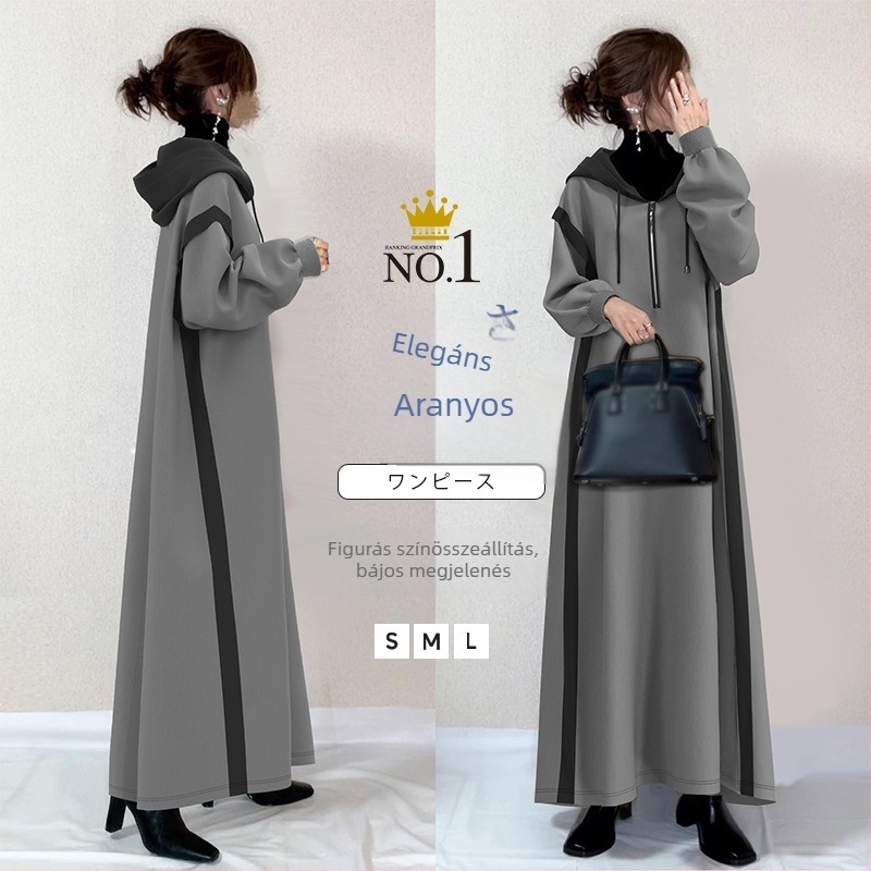 Kapucnis pulóverruha, midi hosszú, pamut-keverék anyag, blokkolt dizájn, utcai stílus