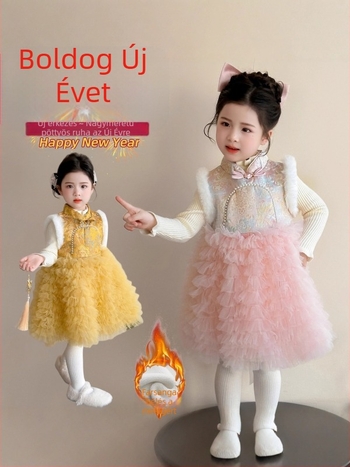 Lányoknak szóló hagyományos kínai ruha télre – hercegnő stílusú etnikai jelmez, gyapjú bélés, pamut anyag, vastag kivitel