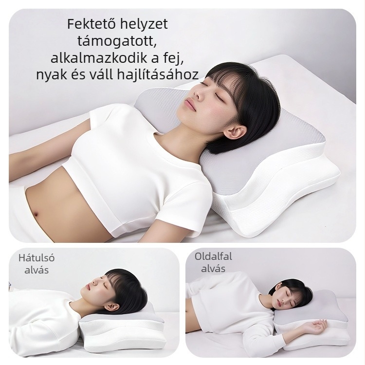 Memóriás habból készült pillangó alakú párna, nyaki gerinc védelmével, lassú visszaalakítás, nyomásmentes kialakítás, mély alváshoz.