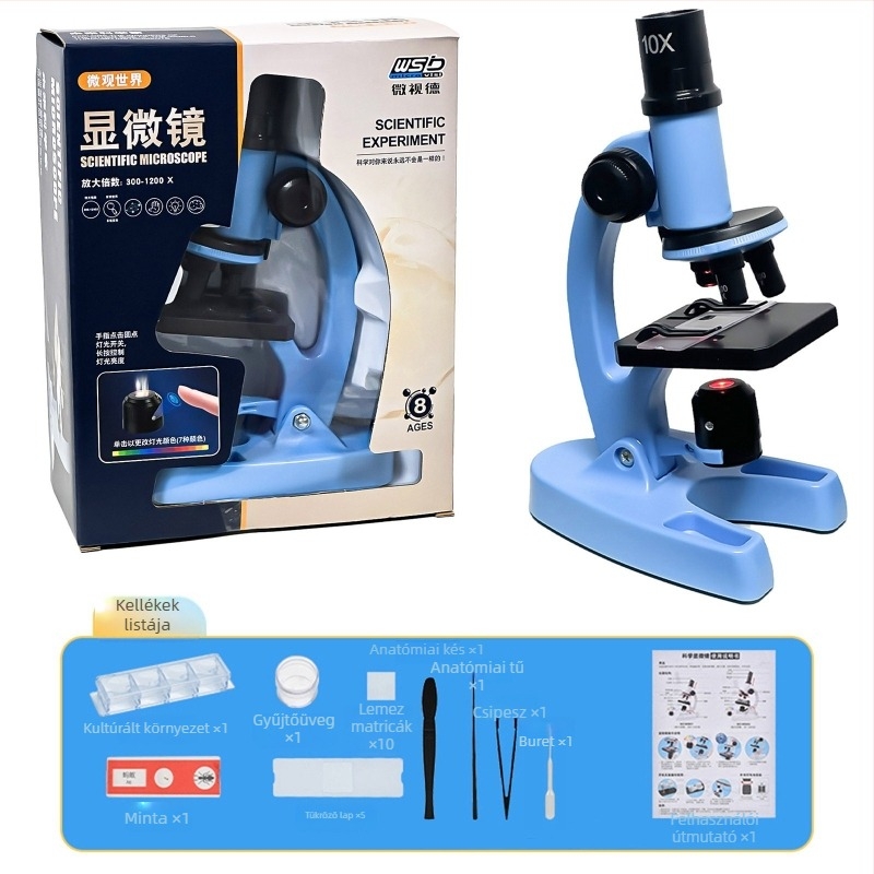 Asztali optikai biológiai mikroszkóp gyerekeknek, 1200x nagyítás, műanyag játék, 7–14 éveseknek, csomagolás: kartondoboz