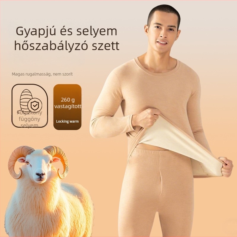 Férfi gyapjú-selyem termikus alsóruha készlet – bársonyos bélés, 251–300 g/m², felső és nadrág, kerek nyakú, hosszú ujjú