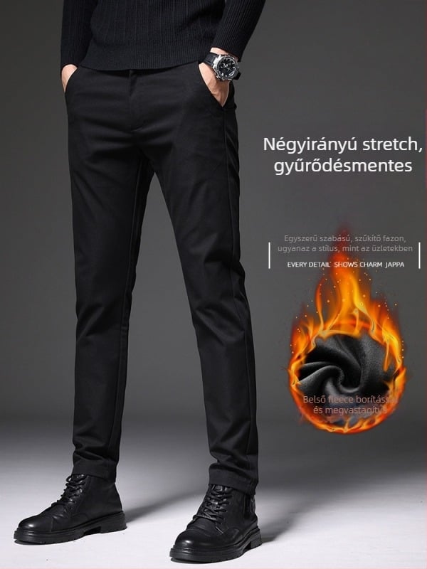 Férfi casual nadrág fleece béléssel, anti-gyűrődés, slim-fit, mikroelasztikus, egyenes szár
