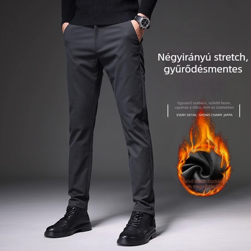 Férfi casual nadrág fleece béléssel, anti-gyűrődés, slim-fit, mikroelasztikus, egyenes szár