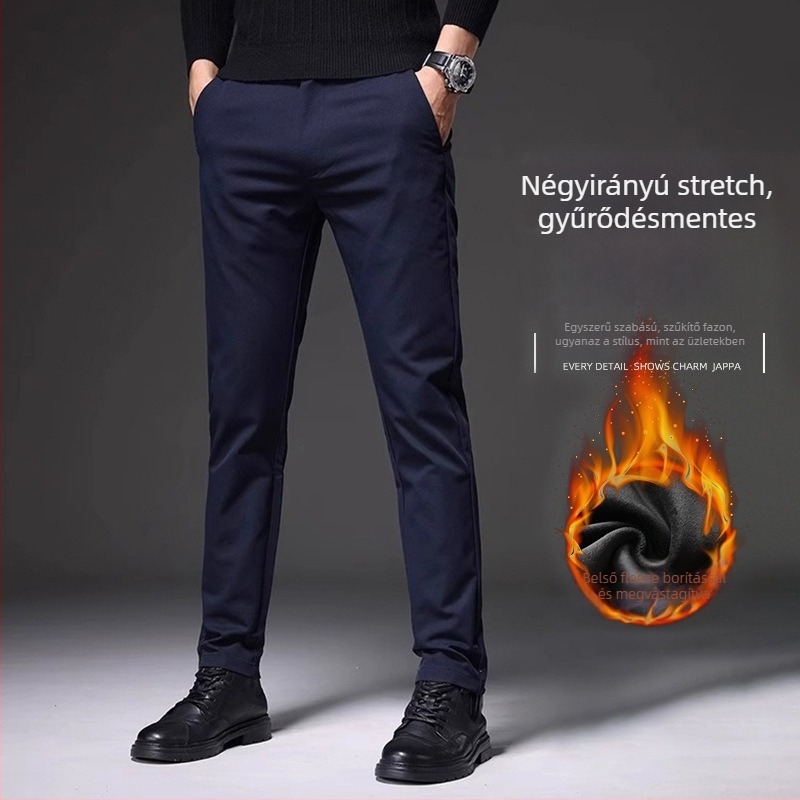 Férfi casual nadrág fleece béléssel, anti-gyűrődés, slim-fit, mikroelasztikus, egyenes szár