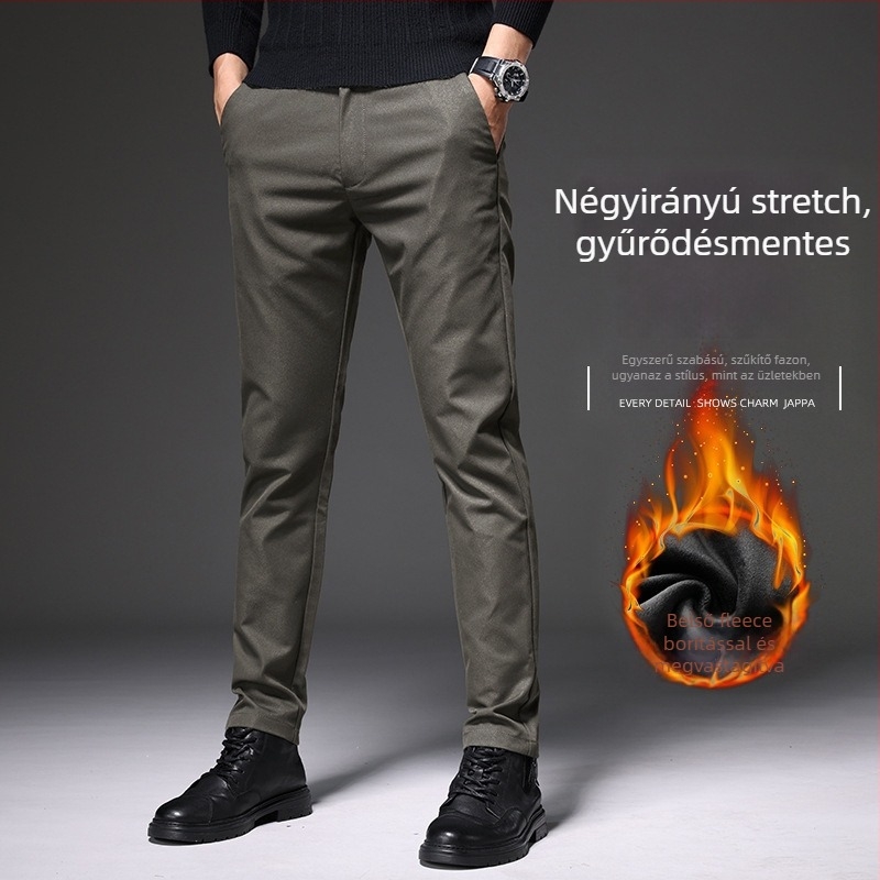 Férfi casual nadrág fleece béléssel, anti-gyűrődés, slim-fit, mikroelasztikus, egyenes szár