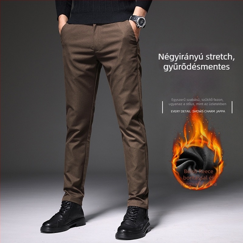 Férfi casual nadrág fleece béléssel, anti-gyűrődés, slim-fit, mikroelasztikus, egyenes szár