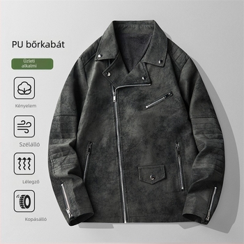 Férfi PU bőrkabát, vintage stílus, állógallér, cipzár, fleece bélés