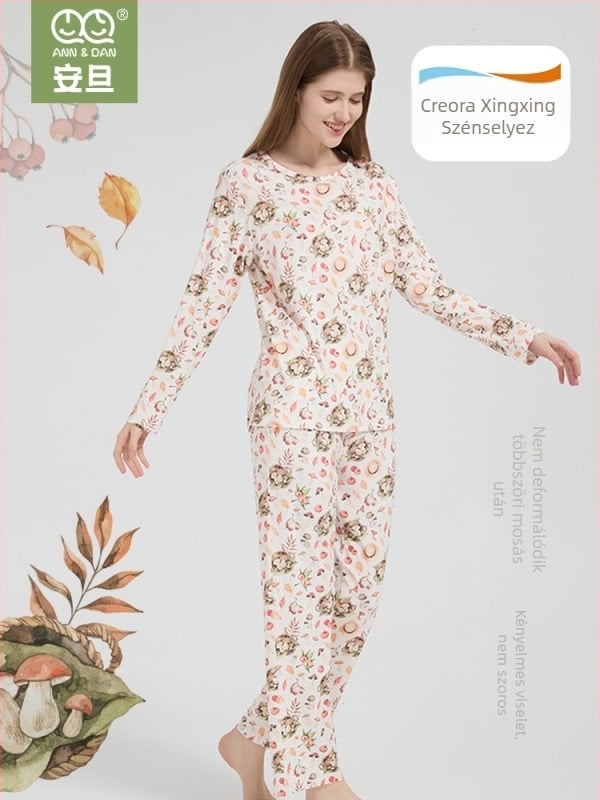 Andan női bambusz-pamut elasztikus pizsama szett — bőrbarát, otthoni viselet, mintás rajzfilm motívum, minden évszakban