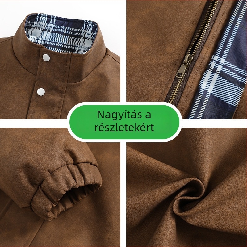 Férfi PU bőrdzseki, laza szabás, V-nyak, kétsoros gombolás, oldalsó zsebek