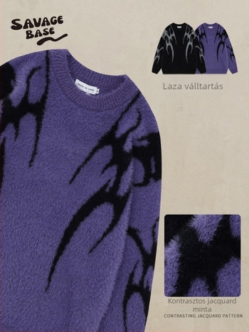 Kötött pulóver, jacquard, kerek nyakú, laza szabás, antibakteriális nylon-keverék