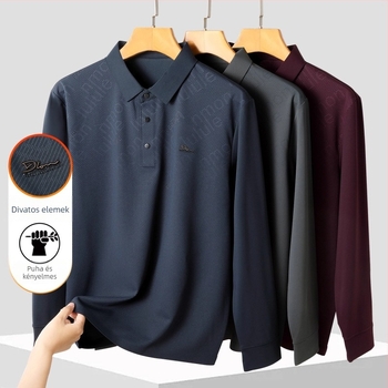 Férfi hosszú ujjú poloing gallérral reverral, vékony anyag, poliészter-elasztán keverék